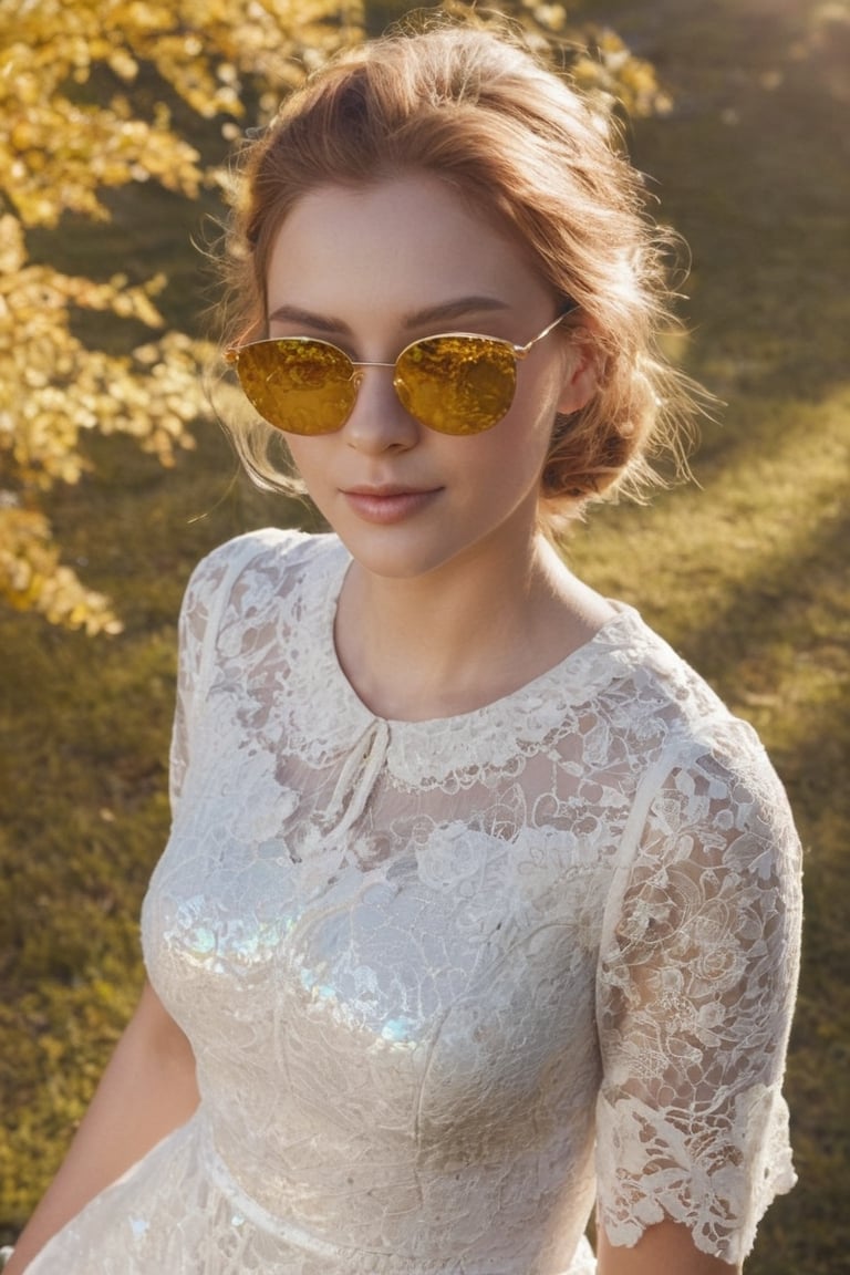 1girl,frameless sunglasses,iridescent light,sunny day,reflection on frameless glasses,(lens flare:1.3),yellow theme,looking at viewer,,white lace silver summer dress,glitters on dress,from above side,street with flower grass trees,(detailed:1.3) image,(intricate:1.2)(autumn :1.3),(masterpiece:1.2),(best quality:1.2),newest,intricate details,ai-generated,
