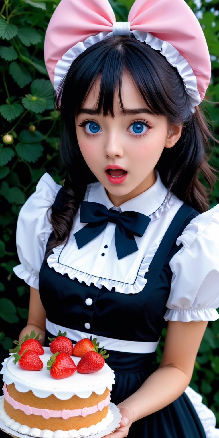 young female character who is running with a cake and looks surprised. BREAK She wears a black and white maid outfit with frills and ribbons, and her pink cheeks and big blue eyes show her shock and excitement. BREAK Her hair is blowing in the wind and the cake is adorned with strawberries and cream. BREAK The background is white and the focus is on her and the cake. Small heart-shaped icons express cuteness and joy around her. BREAK The illustration has a bright and pop atmosphere, full of movement and energy. BREAK delicate facial features, extremely detailed fine touch