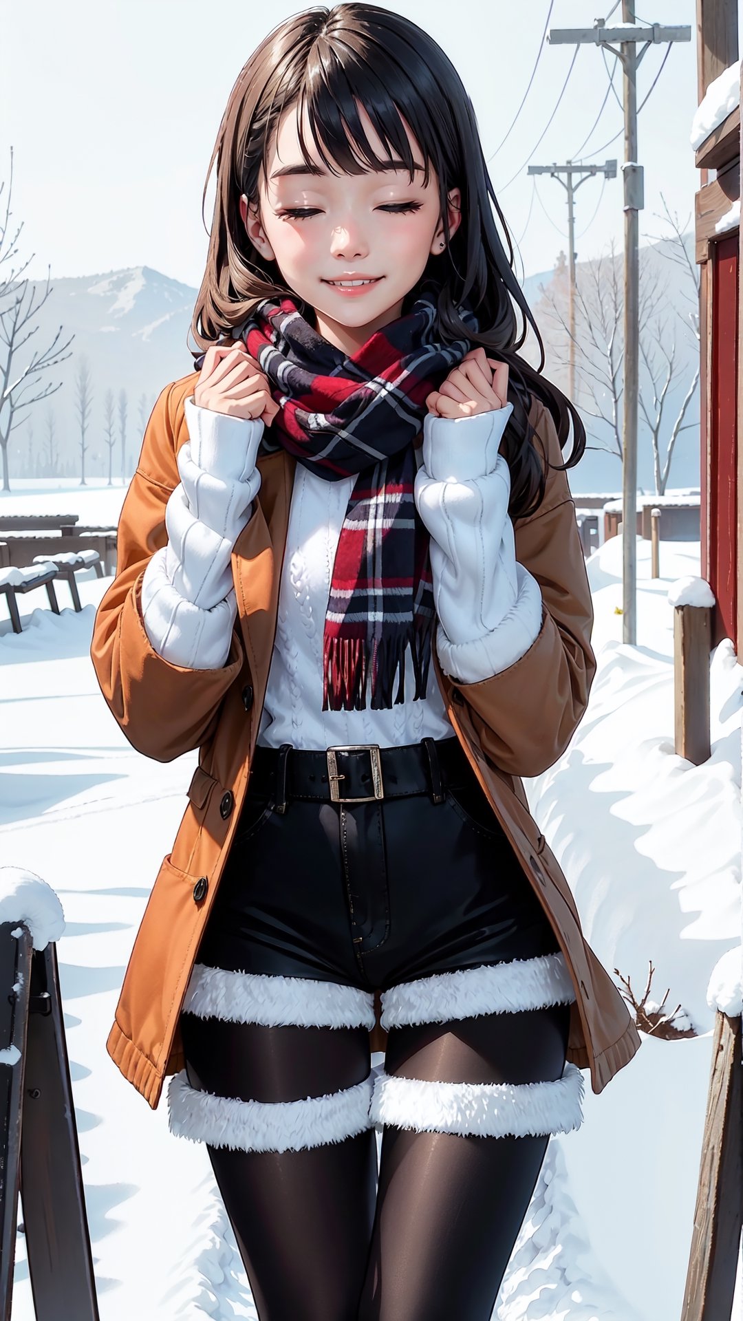 1girl, solo, long hair, blush, bangs, black hair, long sleeves, brown eyes, pantyhose, lying, one eye closed, open clothes, shorts, teeth, artist name, signature, on back, scarf, sweater, coat, black pantyhose, hands up, short shorts, feet out of frame, watermark, black shorts, clenched teeth, snow, open coat, snowing, white sweater, legwear under shorts, winter, blue scarf, plaid scarf, cable knit, aran sweater
