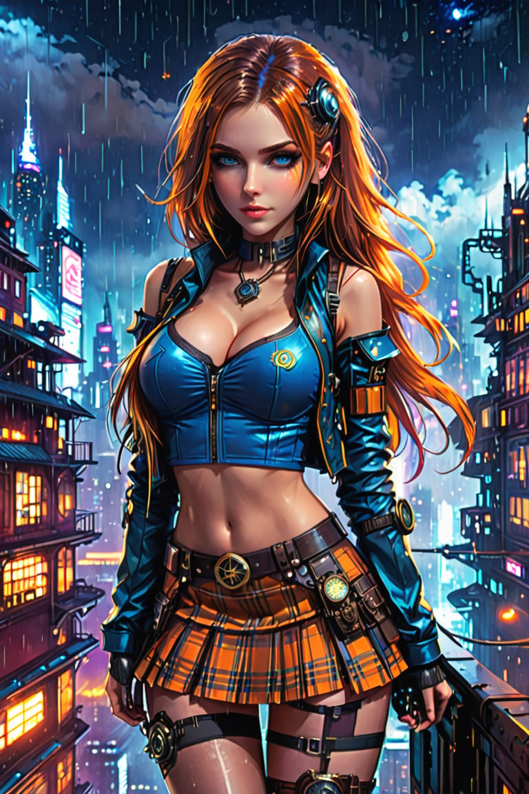 1girl, solo, colorful, vivid colors, perfect female form, cute face, large breasts, long hair, fit body, abs, thigh gap, long legs, looking at viewer, school uniform, microskirt, plaid skirt, fishnets, A woman is standing in a roof, overlooking a cyberpunk city and steampunk in the dark and rain, against the backdrop of the cyberpunk city skyline and the night sky, cyberpunk steampunk, perfect quality, high quality, photorealistic, dynamic pose BREAK orange and blue hue, (abstract:0.2), at night, water particles,   knva,    concept art,    expressiveh   