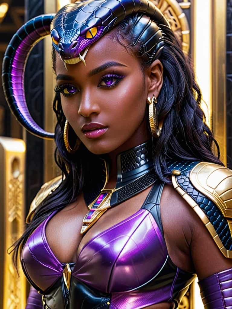 《masterpiece》, 《best quality》, 《ultra-detailed》, 1girl, cool, Glowing purple eyes, '((dark skin))', egyptian, egyptian style, exotic, black hair, '((Augmented cyborg))', fused with King Cobra, king cobra motif, poisonous, '((dripping black venom))', '((purple and gold metal exoskeleton))', '((snakeskin jacket with hood))', '((black snake scales))', '((Talking on a smartphone))', '(((Smartphone, selfie)))', '((upper body angle))', '(((elevator)))',
