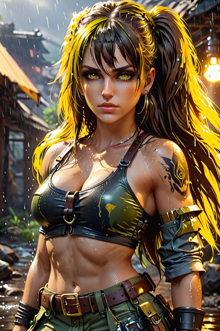 (realistic:2), (photorealistic:2),  volumetric lighting, raytracing, realistic reflection detail, backlighting,  hand on own chest, 
cinematic 3D render, Unreal Engine 5, extreme detail, female warrior in a dynamic pose, realistic skin texture, detailed clothing, vibrant and glowing background, exaggerated particles, rich color palette, high-contrast lighting, realistic shadows, immersive scene
beige hair, yellow eyes,  low twintails, dirty tank top slightly torn,    belt, cargo pants, large breasts, long bangs, hair over one eye,  amulet, arm tattoo, sweat, wet face, rain, wet hair, wet shirt, dirty face,