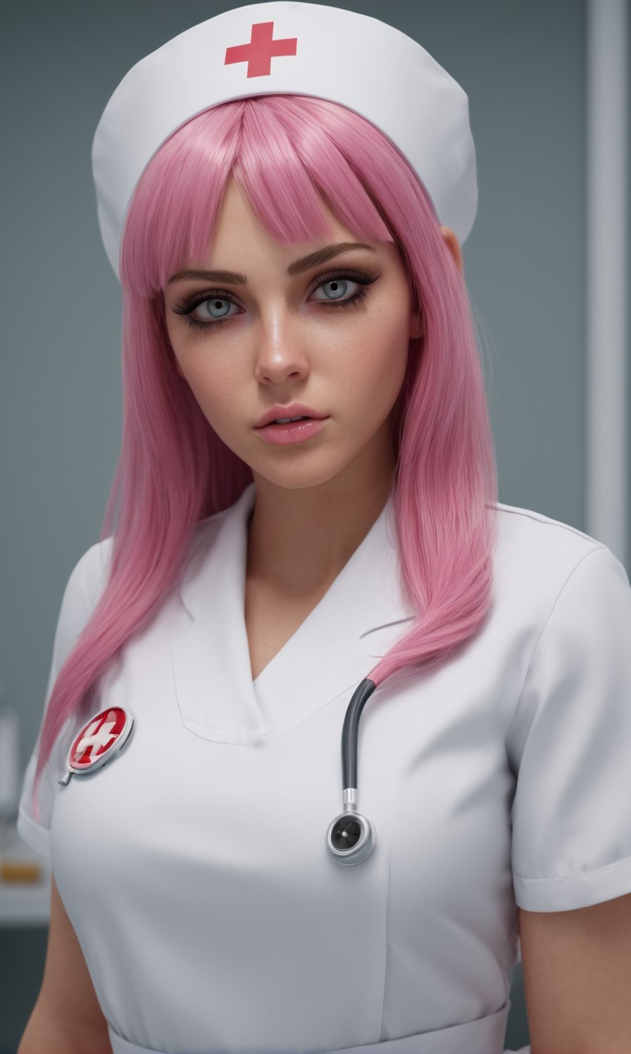 masterpiece, best quality, high resolution, 8k, photorealistic, 22 year old beautiful young woman in sexy nurse outfit posing for camera, 1girl, solo, intense black eyes, waist length pink hair, nurse, huge breasts, open neckline, nurse cap, latin skin woman, argentinian descent, hat, full body shot ((priority: 1. 5)), glamorous figure, hyper cute face, shiny lips, sweaty body, double eyelids on both eyes, natural makeup, long eyelashes, pink_hair/black_eyes, huge_tits , asymmetrical bangs, hospital room background, 8K resolution, high level of detail, detailed hairstyle, detailed face, spectacular cinematic lighting, octane rendering, vibrant, hyper realistic.