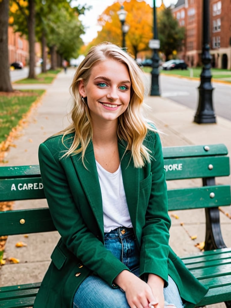 {{A captivating}} depiction of {a beautiful 20 year old girl with {blonde hair}, {emerald green eyes}} and {perfect features}} resting on a bench, {smiling happily} and {making the peace sign}}. This is a {modern}} inspired image that showcases {the subject's charm and style}}. The environment/background should be an {urban park} to create a {vibrant, contemporary atmosphere}. The image should be styled as a {fashion shoot}, incorporating elements of {street style photography}. The {panoramic} shot, captured with a {wide-angle} lens, will provide {a dynamic and expansive view}. The lighting should be {crisp and dynamic}, highlighting {the subject's features and attire} with strong contrasts. The desired level of detail is {striking} with {high definition} resolution, highlighting {the sharpness of the subject's attire and accessories}. The goal is to create {a visually stunning image} that captivates viewers with its {modern style and elegance}.