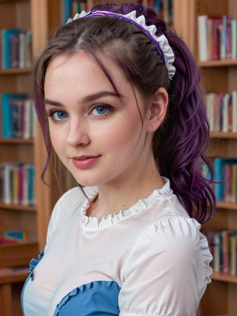 A close-up shot of a stunning young woman with vibrant purple hair styled in a ponytail and frilled hair band, her piercing blue eyes half-opened as she gazes directly at the viewer. She stands confidently inside a cozy library setting, wearing a crisp white button-down shirt with short sleeves, paired with high-waisted blue shorts and a black belt. Her curves are accentuated by brown pantyhose, showcasing her impressive figure. A warm smile plays on her lips as she poses, radiating confidence and charm.