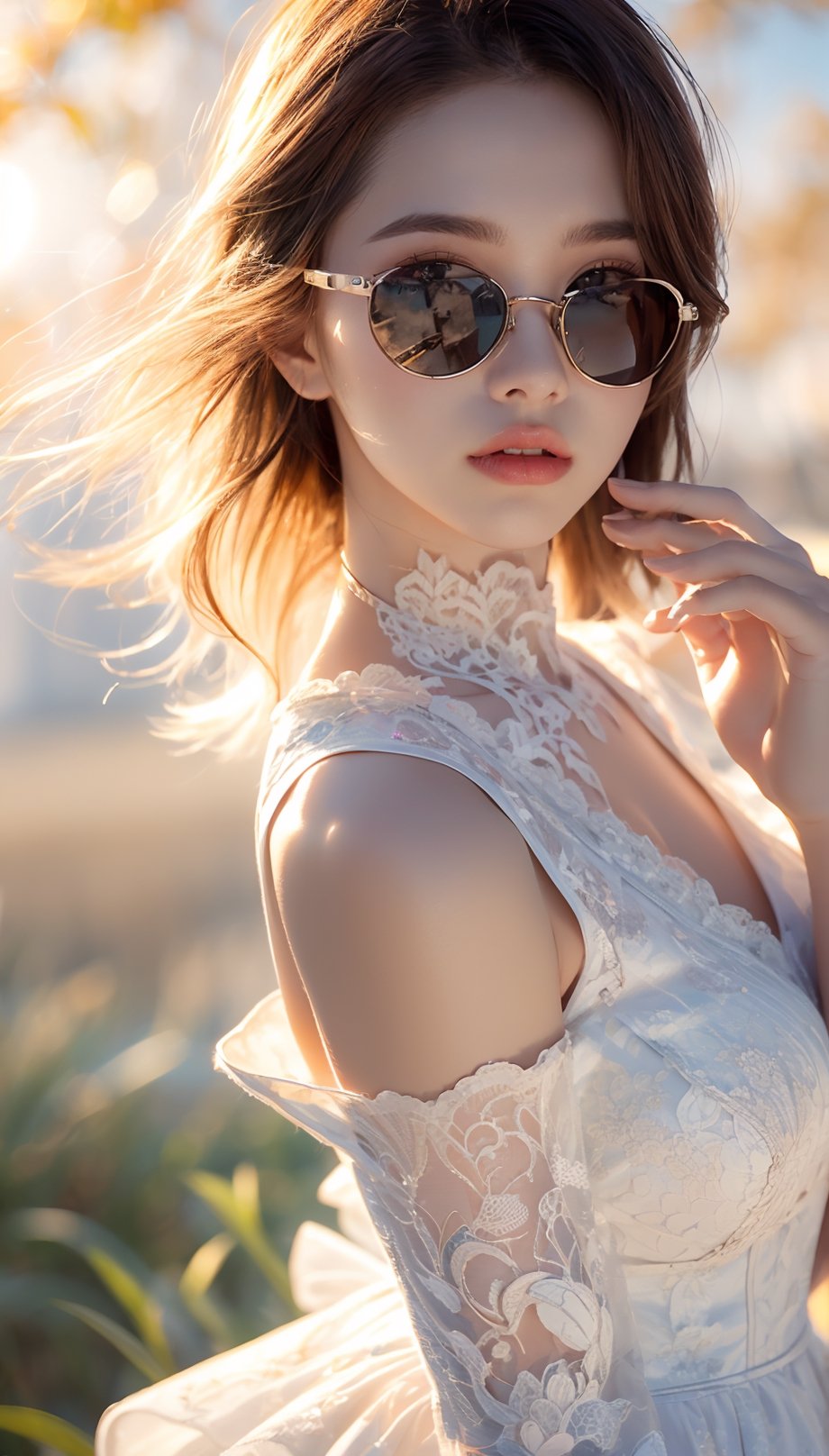 1girl,frameless sunglasses,iridescent light,sunny day,reflection on frameless glasses,(lens flare:1.3),yellow theme,looking at viewer,,white lace silver summer dress,glitters on dress,from above side,street with flower grass trees,(detailed:1.3) image,(intricate:1.2)(autumn :1.3),(masterpiece:1.2),(best quality:1.2),newest,intricate details,ai-generated,
