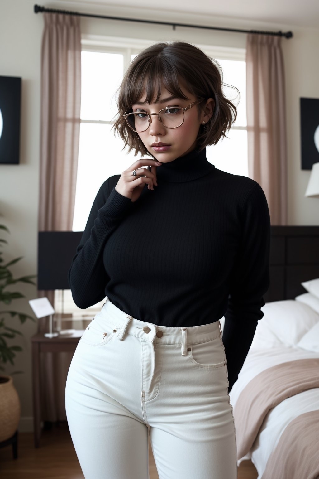 {{A shy and charming}} depiction of {a solo girl} with {a bob cut} framing her face, showcasing {her black hair} and {black eyes} behind {glasses}. She possesses {huge breasts}, giving her a striking silhouette. Her attire includes {a black turtleneck sweater} paired with {white denim pants}, adding a touch of contrast to her ensemble. The girl's cheeks are tinged with {blush}, indicating her {embarrassed} demeanor. The scene is set in {a room}, with the perspective captured {from below}, adding depth to the composition. This image, inspired by the theme of r1ge, focuses on conveying a sense of {shyness} and {vulnerability}