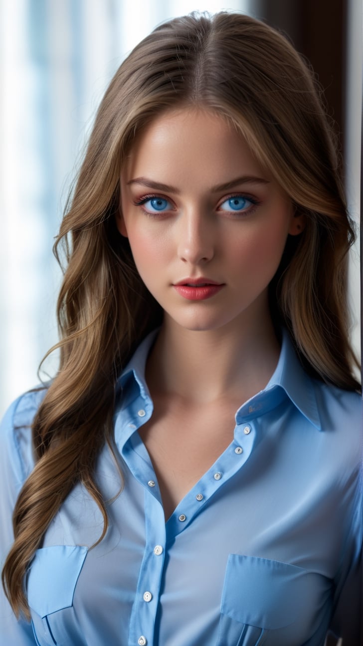 (((masterpiece))) (((best quality))) ((ultra-detailed)) (((blackmailed))) (((8K))) (((realistic))) (detailed light) ((an extremely delicate and beautiful)) (beautiful detailed blue eyes, detailed beautiful face, red cheeks:1.5) dramatic lighting 1girl (long straight hair:1.5) button shirt skirt looking at viewer large breasts indoor masterpiece focus expression upper body intricate secenary,