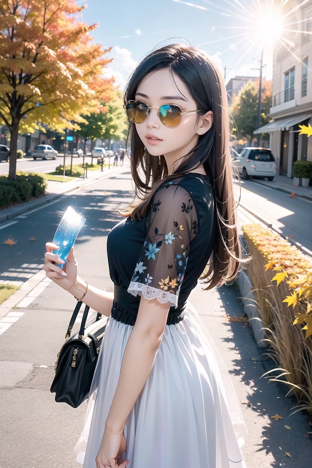 1girl,frameless sunglasses,iridescent light,sunny day,reflection on frameless glasses,(lens flare:1.3),yellow theme,looking at viewer,,white lace silver summer dress,glitters on dress,from above side,street with flower grass trees,(detailed:1.3) image,(intricate:1.2)(autumn :1.3),(masterpiece:1.2),(best quality:1.2),newest,intricate details,ai-generated,
