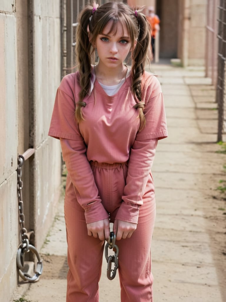 BREAK 1girl, solo,  mrndnkk, pink eyes, brown hair, twintails, very long hair, bangs, orange jumpsuit, prison clothes, prisoner, shackles, standing, outdoors, looking at viewer, pout, sitting