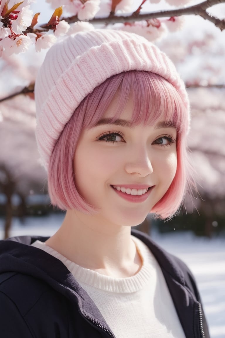 22 year old Girl, cute, solo, knit cap, profile, pink hair, short hair, smooth bangs, smile, snow out of season, cherry blossoms, admiring flowers, white breath, upper body close-up, out of focus background, cherry blossom trees, dim light, cloudy, sun Angle from inside and side,snow full,
