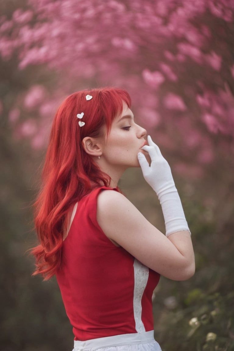 Valentine's Day theme, 1 girl, red dress, tight high, white socks, sending a kiss, hearts, flowers, pink hair, freckles, sharp focus, perfect hands, perfect light
