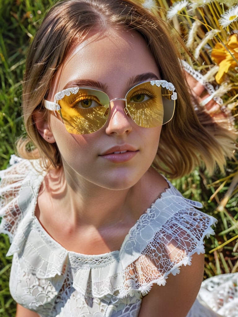 1girl,frameless sunglasses,iridescent light,sunny day,reflection on frameless glasses,(lens flare:1.3),yellow theme,looking at viewer,,white lace silver summer dress,glitters on dress,from above side,street with flower grass trees,(detailed:1.3) image,(intricate:1.2)(autumn :1.3),(masterpiece:1.2),(best quality:1.2),newest,intricate details,ai-generated