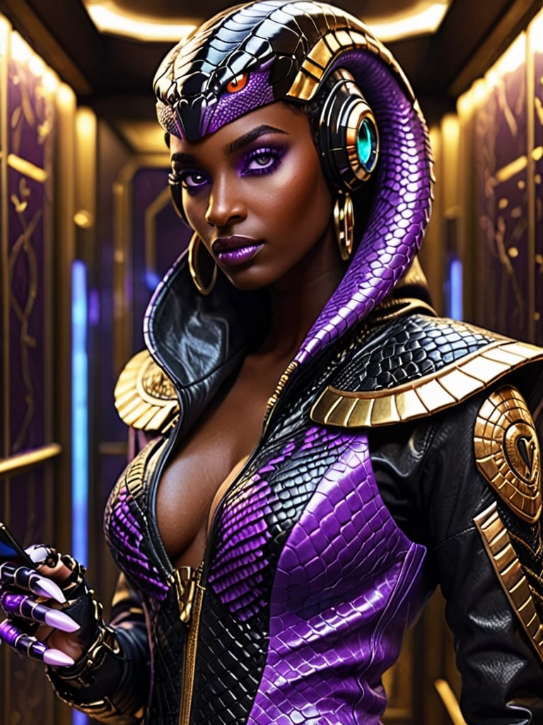 《masterpiece》, 《best quality》, 《ultra-detailed》, 1girl, cool, Glowing purple eyes, '((dark skin))', egyptian, egyptian style, exotic, black hair, '((Augmented cyborg))', fused with King Cobra, king cobra motif, poisonous, '((dripping black venom))', '((purple and gold metal exoskeleton))', '((snakeskin jacket with hood))', '((black snake scales))', '((Talking on a smartphone))', '(((Smartphone, selfie)))', '((upper body angle))', '(((elevator)))',
