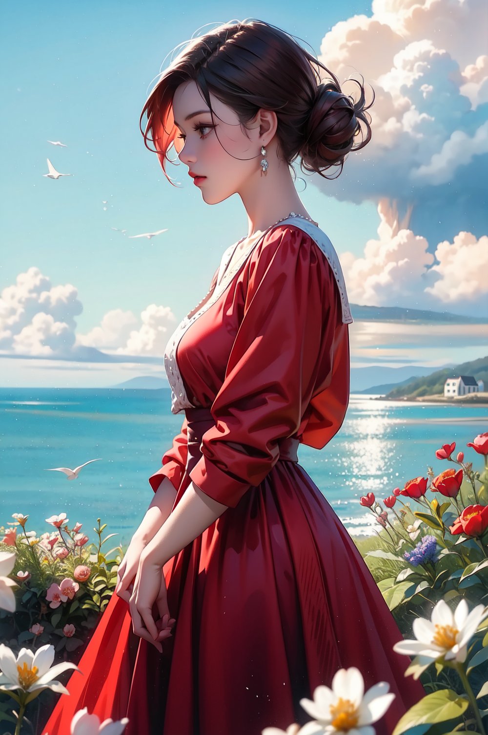 A beautiful young woman with short, flowing dark hair with red highlights, wearing a vibrant red dress, standing on a picturesque path leading to a charming coastal cottage. The scene captures the woman in a dynamic, thoughtful pose, looking towards the horizon. Her dress gently flows with the breeze, showcasing realistic fabric textures and soft lighting. The background features a quaint cottage with a red-tiled roof, surrounded by lush, green fields and blooming wildflowers. The sky is bright blue with fluffy white clouds, and the ocean is visible in the distance with sailboats dotting the horizon. The composition emphasizes realistic textures, detailed lighting, and a serene, idyllic atmosphere.