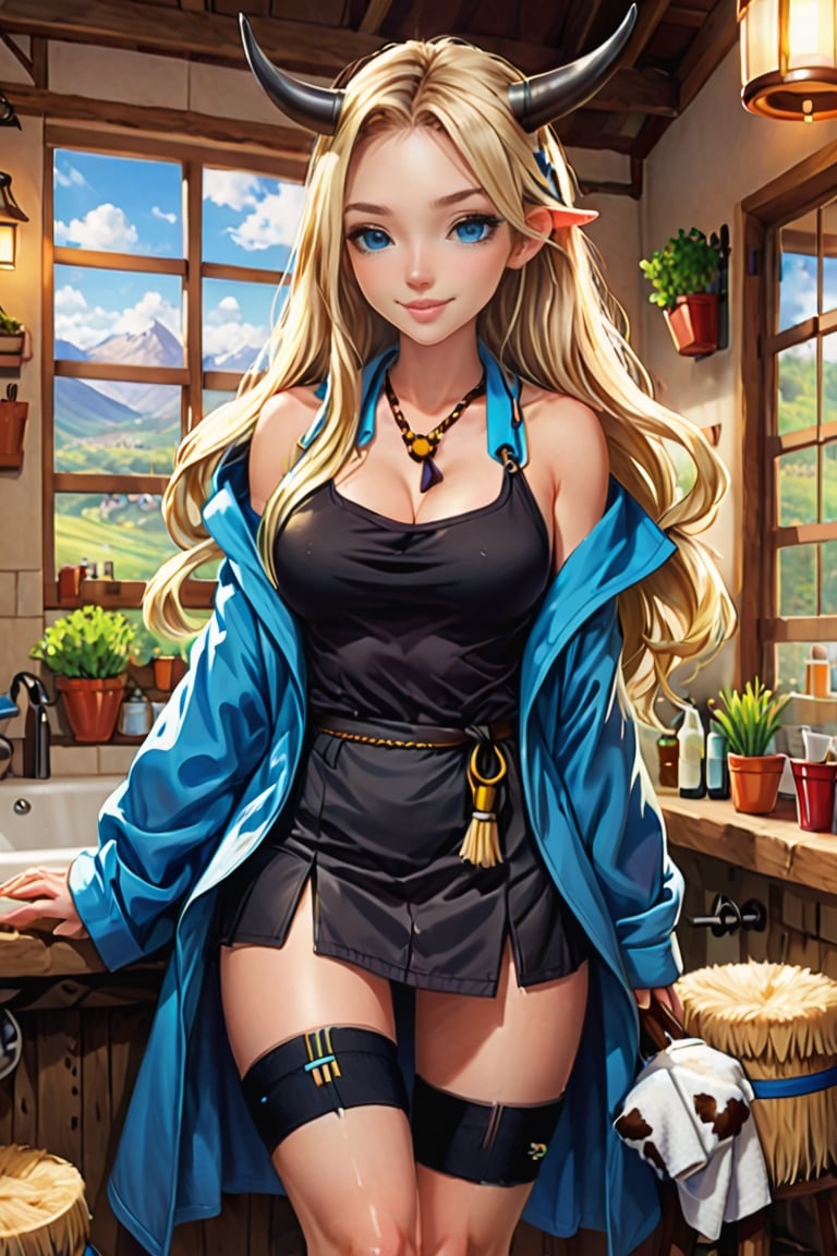 (female): solo, (perfect face), (detailed outfit), (20 years old), inn worker, (cow ears), relaxed, content, (cleaning), pale hair, long hair, asymmetrical hair, blue eyes, light skin, large chest_circumference, (short-sleeve coat), (mini skirt), (black thighhighs), (large ribbon), (friendship bracelet) (background): from front, indoor, (inn), (bathhouse), (towels), (buckets), (stools), evening, (effects): (masterpiece), (best quality), (sharp focus), (depth of field), (high res), more_details:-1, more_details:0, more_details:0.5, more_details:1, more_details:1.5, kawaiitech, pastel colors, kawaii, cute colors
