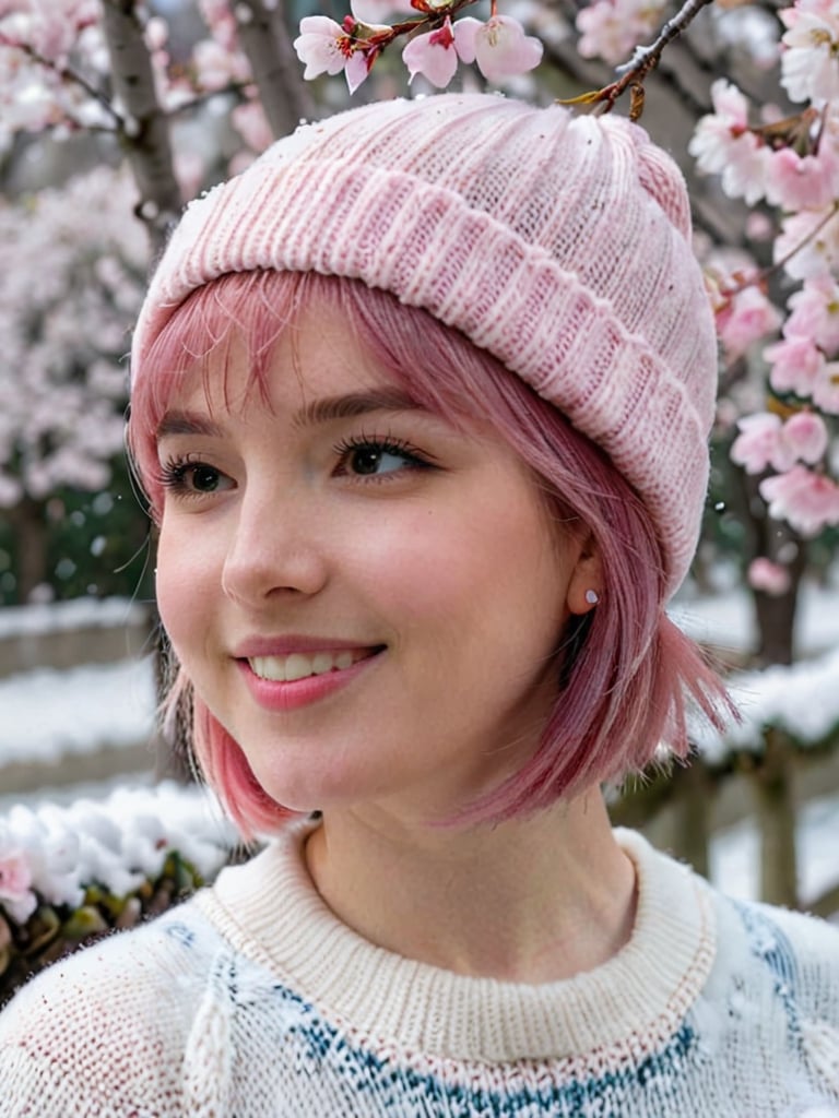 22 year old Girl, cute, solo, knit cap, profile, pink hair, short hair, smooth bangs, smile, snow out of season, cherry blossoms, admiring flowers, white breath, upper body close-up, out of focus background, cherry blossom trees, dim light, cloudy, sun Angle from inside and side,snow full,
