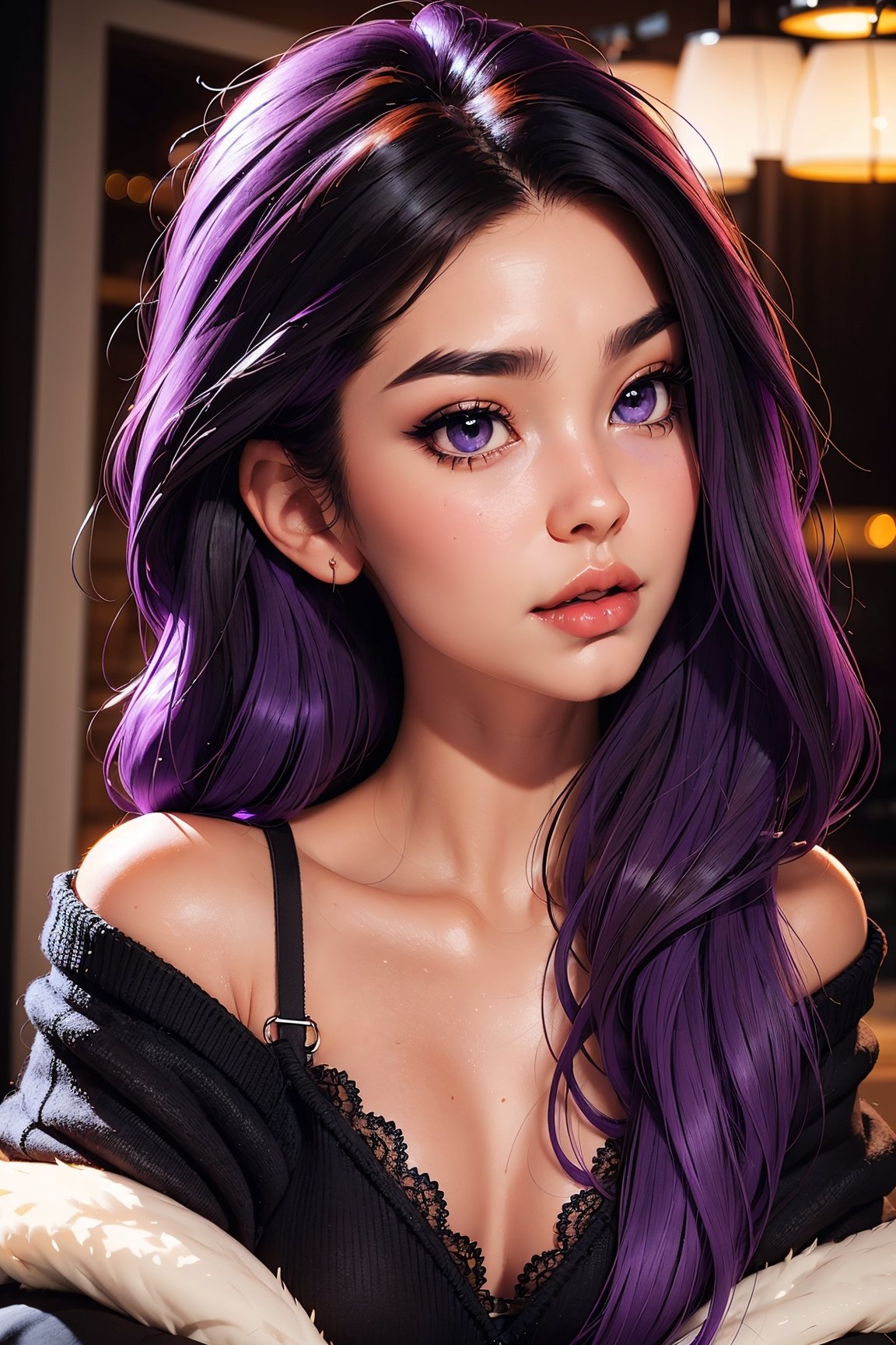 girlwith long light purple hair, highly detailed face, highly detailed eyes, long black hair, pretty face, brown eyes, black short skirt and long-sleeved black sweater, short black off shoulder sweater, big boobs, beauty mark, purple eyes, femininity, pride, beautiful posture