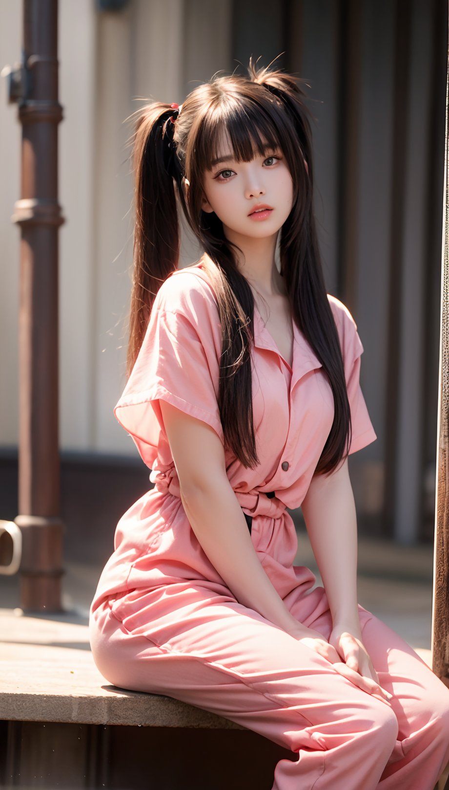 BREAK 1girl, solo,  mrndnkk, pink eyes, brown hair, twintails, very long hair, bangs, orange jumpsuit, prison clothes, prisoner, shackles, standing, outdoors, looking at viewer, pout, sitting