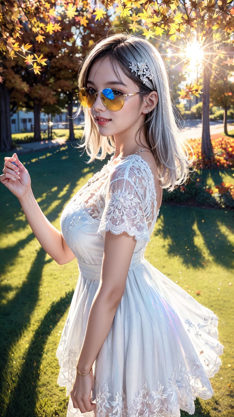 1girl,frameless sunglasses,iridescent light,sunny day,reflection on frameless glasses,(lens flare:1.3),yellow theme,looking at viewer,,white lace silver summer dress,glitters on dress,from above side,street with flower grass trees,(detailed:1.3) image,(intricate:1.2)(autumn :1.3),(masterpiece:1.2),(best quality:1.2),newest,intricate details,ai-generated,
