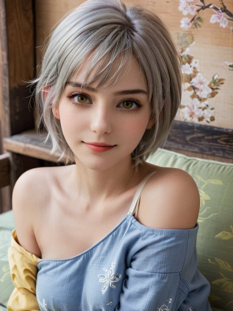 {{A tranquil}} depiction of {a beautiful girl} with {beautiful silver short hair} and {beautiful yellow eyes}, lying gracefully on a {futon} with {a serene smile} and {gentle blush}. She wears {a one-shoulder top, skinny jeans, and brown boots} in {a tatami room}. This is a {masterpiece}-inspired image that showcases {the serene beauty} of the girl. The environment/background should be {a tatami room} to create {a peaceful atmosphere}. The image should be in the style of {a hand-drawn illustration}, incorporating elements of {anime}. The close-up shot, captured with {a macro} lens, will provide {perfect anatomy} and {intricate details} of the girl's face and attire. The lighting should be {soft and natural}, emphasizing {the girl's tranquil expression}. The desired level of detail is {perfect}, highlighting {the flawless hands and proportions} of the girl. The goal is to create {a tranquil and captivating} image that captivates viewers with its {serene beauty}.