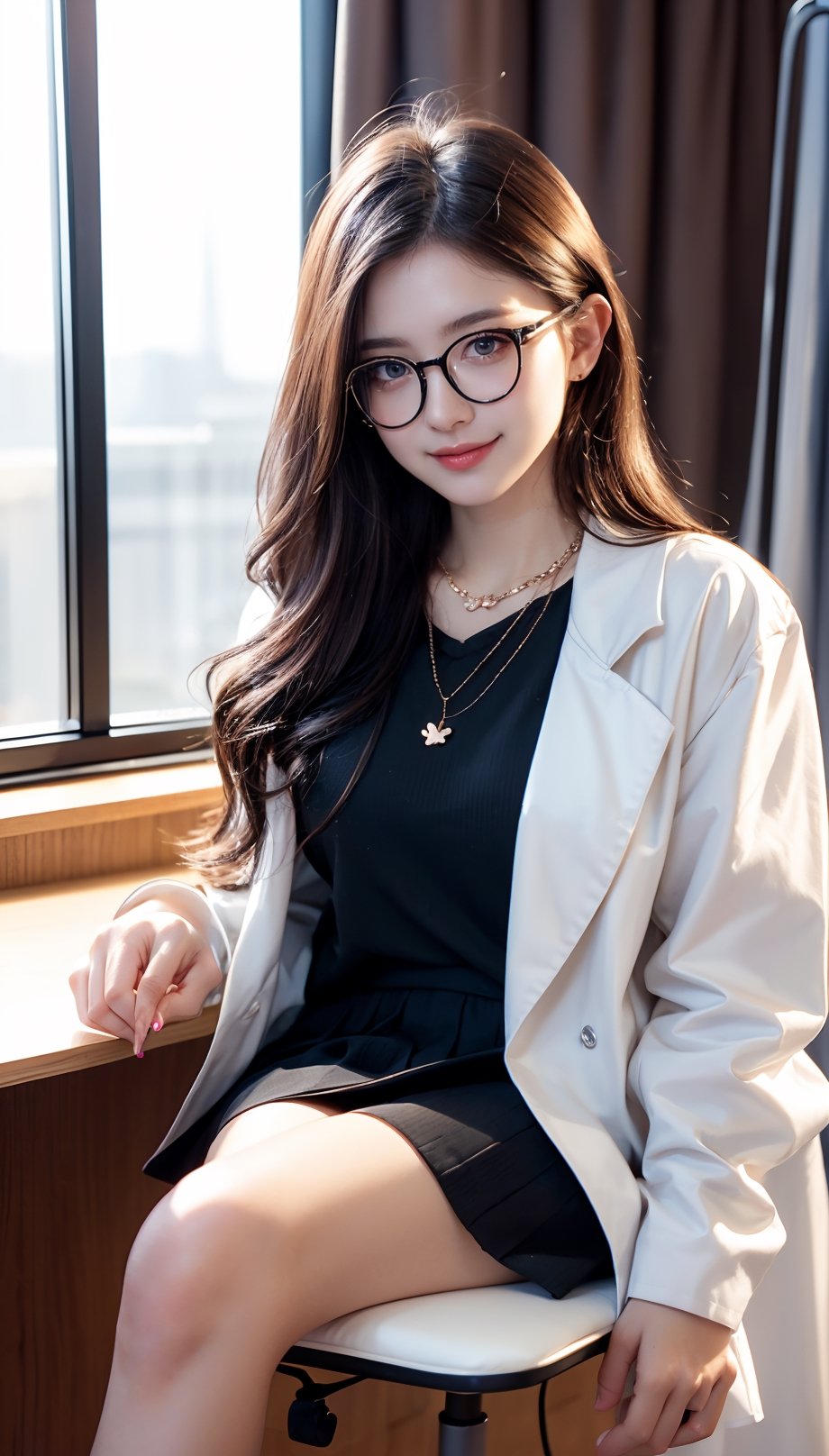 (female): solo, (perfect face), (detailed outfit), (20 years old), doctor, happy, smiling, (sitting), brown hair, medium hair, wavy hair, blue eyes, light skin, medium chest_circumference, (white coat), (black skirt), (glasses), (necklace), (friendship bracelet) (background): from front, indoor, clinic, (desk), (curtain), (medicine bottle), (patient's chair), afternoon, sunny (effects): (masterpiece), (best quality), (sharp focus), (depth of field), (high res)