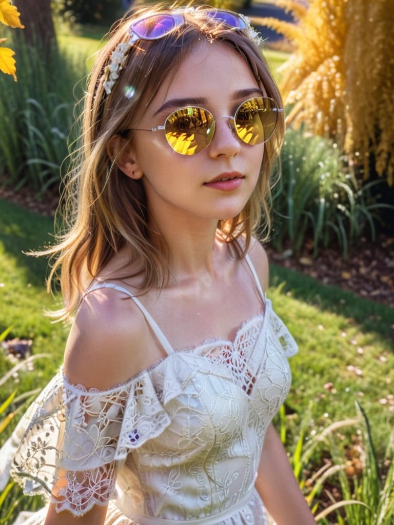 1girl,frameless sunglasses,iridescent light,sunny day,reflection on frameless glasses,(lens flare:1.3),yellow theme,looking at viewer,,white lace silver summer dress,glitters on dress,from above side,street with flower grass trees,(detailed:1.3) image,(intricate:1.2)(autumn :1.3),(masterpiece:1.2),(best quality:1.2),newest,intricate details,ai-generated,
