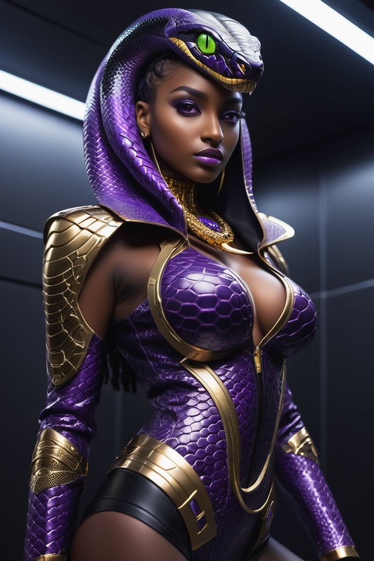 《masterpiece》, 《best quality》, 《ultra-detailed》, 1girl, cool, Glowing purple eyes, '((dark skin))', egyptian, egyptian style, exotic, black hair, '((Augmented cyborg))', fused with King Cobra, king cobra motif, poisonous, '((dripping black venom))', '((purple and gold metal exoskeleton))', '((snakeskin jacket with hood))', '((black snake scales))', '((Talking on a smartphone))', '(((Smartphone, selfie)))', '((upper body angle))', '(((elevator)))',