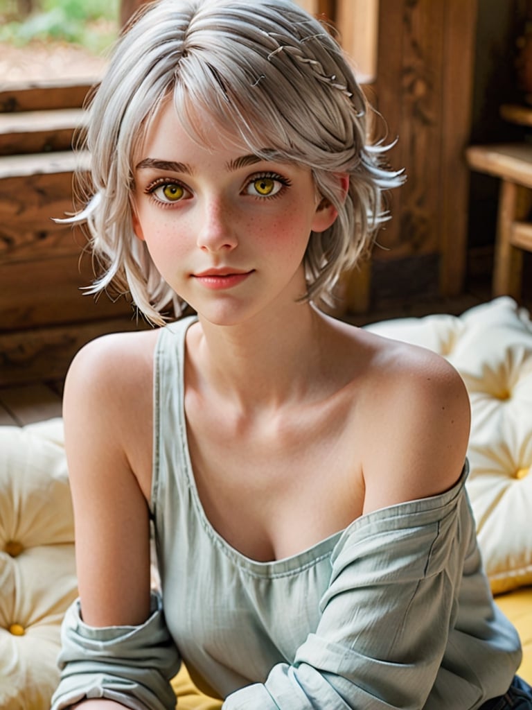 {{A tranquil}} depiction of {a beautiful girl} with {beautiful silver short hair} and {beautiful yellow eyes}, lying gracefully on a {futon} with {a serene smile} and {gentle blush}. She wears {a one-shoulder top, skinny jeans, and brown boots} in {a tatami room}. This is a {masterpiece}-inspired image that showcases {the serene beauty} of the girl. The environment/background should be {a tatami room} to create {a peaceful atmosphere}. The image should be in the style of {a hand-drawn illustration}, incorporating elements of {anime}. The close-up shot, captured with {a macro} lens, will provide {perfect anatomy} and {intricate details} of the girl's face and attire. The lighting should be {soft and natural}, emphasizing {the girl's tranquil expression}. The desired level of detail is {perfect}, highlighting {the flawless hands and proportions} of the girl. The goal is to create {a tranquil and captivating} image that captivates viewers with its {serene beauty}.