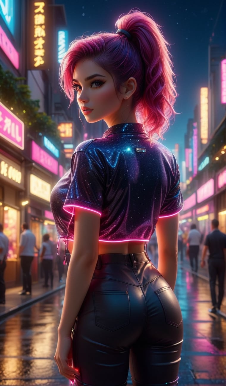 (masterpiece, best quality, 4k, detailed, intricate, realistic), outside, modern city street, night, neon lights, bokeh, depth of field, 1girl, big booty, pink IncursioDipDyedHair, black hair, ponytail, high-waist pants, looking at viewer, shirt,