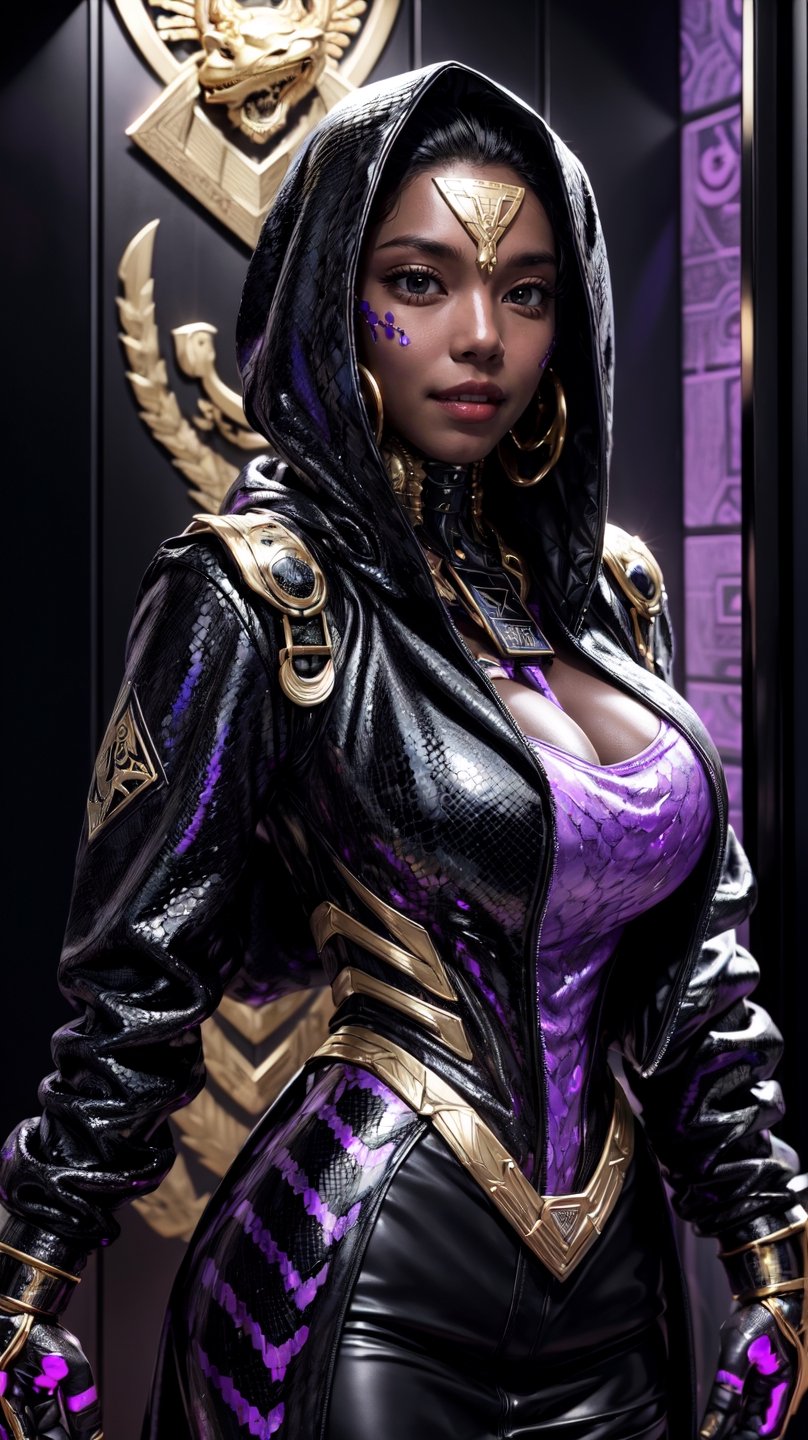 《masterpiece》, 《best quality》, 《ultra-detailed》, 1girl, cool, Glowing purple eyes, '((dark skin))', egyptian, egyptian style, exotic, black hair, '((Augmented cyborg))', fused with King Cobra, king cobra motif, poisonous, '((dripping black venom))', '((purple and gold metal exoskeleton))', '((snakeskin jacket with hood))', '((black snake scales))', '((Talking on a smartphone))', '(((Smartphone, selfie)))', '((upper body angle))', '(((elevator)))',