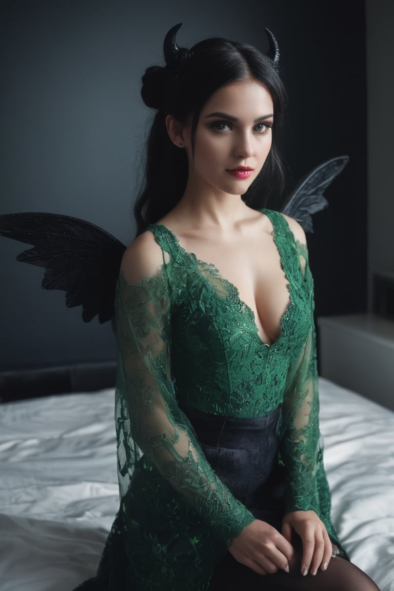 1 cute succubus girl with shiny black hair, two ponytails, green eyes, beautiful detailed face and eyes, stands in front of a bed, black wings, black high heels,, masterpiece, best quality, ultra-detailed, best shadow, detailed background, high contrast, photography, 35mm, Nikon D850 film stock photograph, Kodak Portra 400 camera f1.6 lens, 8k, UHD, retouched in the styles of pino daeni, Waterhouse, Greg Olsen, Carne Griffiths, Alex Ross, , Craig Mullins, Jon Burgerman ,Geof Darrow,, TzigoCuteSuccubus1,