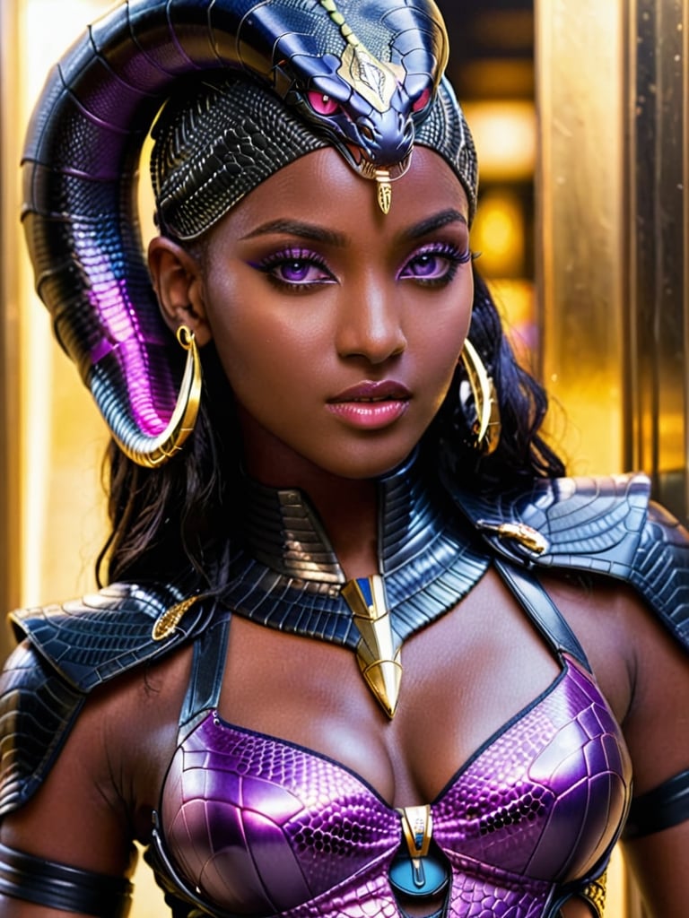 《masterpiece》, 《best quality》, 《ultra-detailed》, 1girl, cool, Glowing purple eyes, '((dark skin))', egyptian, egyptian style, exotic, black hair, '((Augmented cyborg))', fused with King Cobra, king cobra motif, poisonous, '((dripping black venom))', '((purple and gold metal exoskeleton))', '((snakeskin jacket with hood))', '((black snake scales))', '((Talking on a smartphone))', '(((Smartphone, selfie)))', '((upper body angle))', '(((elevator)))',
