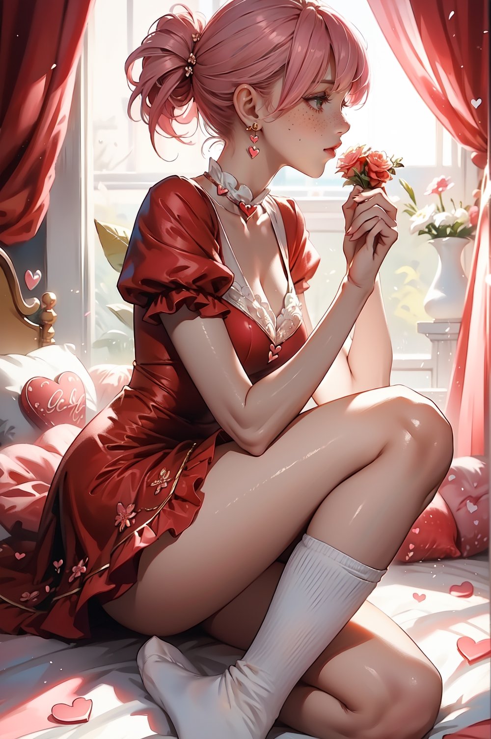 Valentine's Day theme, 1 girl, red dress, tight high, white socks, sending a kiss, hearts, flowers, pink hair, freckles, sharp focus, perfect hands, perfect light
