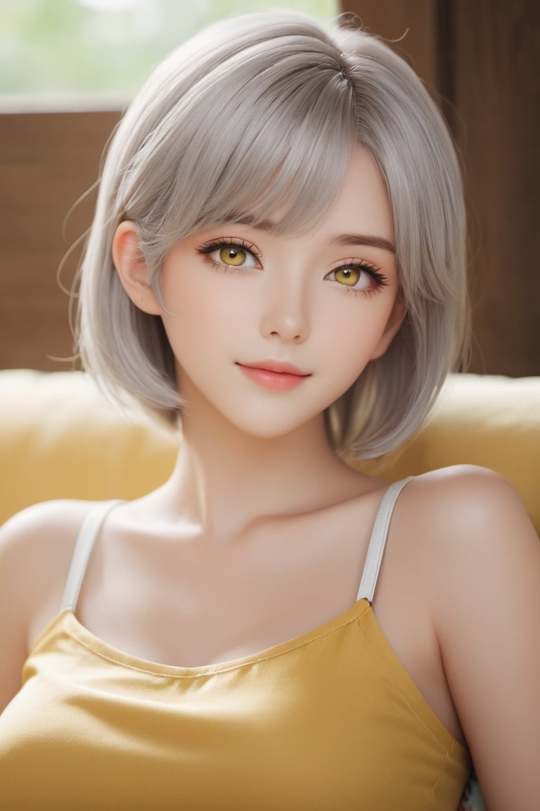 {{A tranquil}} depiction of {a beautiful girl} with {beautiful silver short hair} and {beautiful yellow eyes}, lying gracefully on a {futon} with {a serene smile} and {gentle blush}. She wears {a one-shoulder top, skinny jeans, and brown boots} in {a tatami room}. This is a {masterpiece}-inspired image that showcases {the serene beauty} of the girl. The environment/background should be {a tatami room} to create {a peaceful atmosphere}. The image should be in the style of {a hand-drawn illustration}, incorporating elements of {anime}. The close-up shot, captured with {a macro} lens, will provide {perfect anatomy} and {intricate details} of the girl's face and attire. The lighting should be {soft and natural}, emphasizing {the girl's tranquil expression}. The desired level of detail is {perfect}, highlighting {the flawless hands and proportions} of the girl. The goal is to create {a tranquil and captivating} image that captivates viewers with its {serene beauty}.