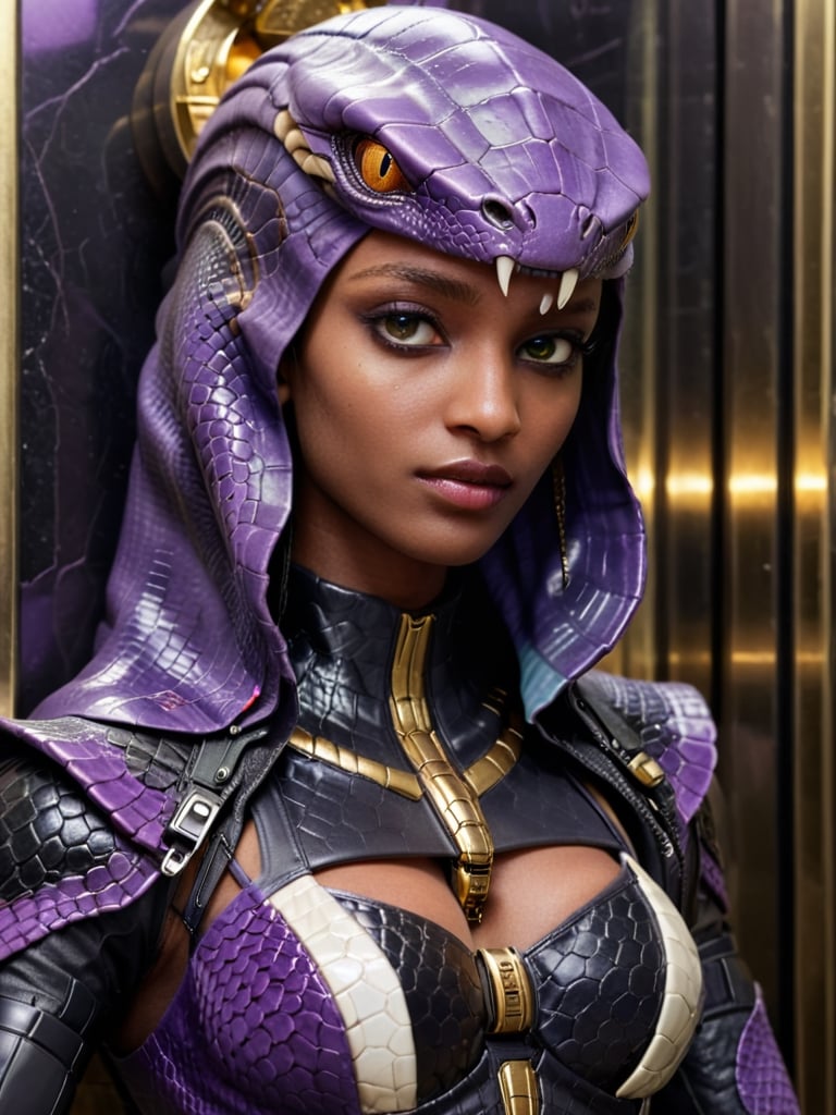 《masterpiece》, 《best quality》, 《ultra-detailed》, 1girl, cool, Glowing purple eyes, '((dark skin))', egyptian, egyptian style, exotic, black hair, '((Augmented cyborg))', fused with King Cobra, king cobra motif, poisonous, '((dripping black venom))', '((purple and gold metal exoskeleton))', '((snakeskin jacket with hood))', '((black snake scales))', '((Talking on a smartphone))', '(((Smartphone, selfie)))', '((upper body angle))', '(((elevator)))',