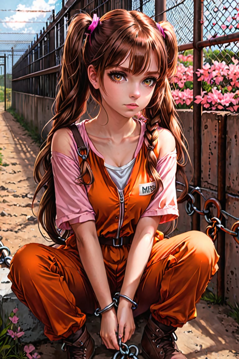 BREAK 1girl, solo,  mrndnkk, pink eyes, brown hair, twintails, very long hair, bangs, orange jumpsuit, prison clothes, prisoner, shackles, standing, outdoors, looking at viewer, pout, sitting