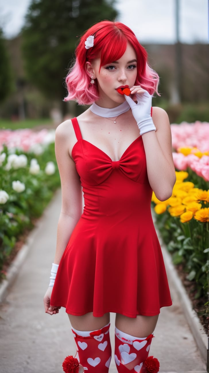 Valentine's Day theme, 1 girl, red dress, tight high, white socks, sending a kiss, hearts, flowers, pink hair, freckles, sharp focus, perfect hands, perfect light
