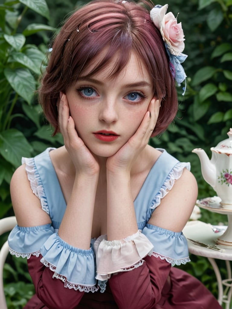 《Masterpiece》, 《best quality》, 《expressive eyes》, 《perfect face》, 《8k》, 《extreme detail》, 《illustration》, 《absurdres》, 《highres》, 《ultra detailed》, 《perfect face》, short hair, maroon hair, blue eyes, lolita dress, red dress, hair over one eye, sitting on chair, behind table, teacup, tea set, outdoors, garden, (worried), upper body, parted lips
