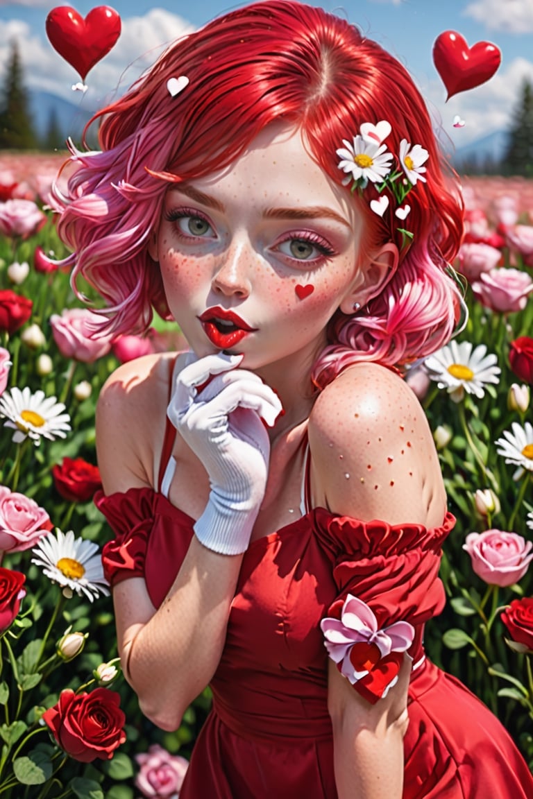 Valentine's Day theme, 1 girl, red dress, tight high, white socks, sending a kiss, hearts, flowers, pink hair, freckles, sharp focus, perfect hands, perfect light
