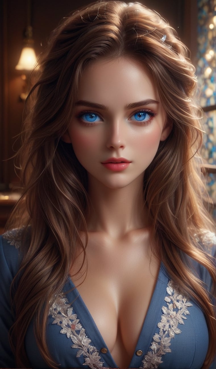 (((masterpiece))) (((best quality))) ((ultra-detailed)) (((blackmailed))) (((8K))) (((realistic))) (detailed light) ((an extremely delicate and beautiful)) (beautiful detailed blue eyes, detailed beautiful face, red cheeks:1.5) dramatic lighting 1girl (long straight hair:1.5) button shirt skirt looking at viewer large breasts indoor masterpiece focus expression upper body intricate secenary,