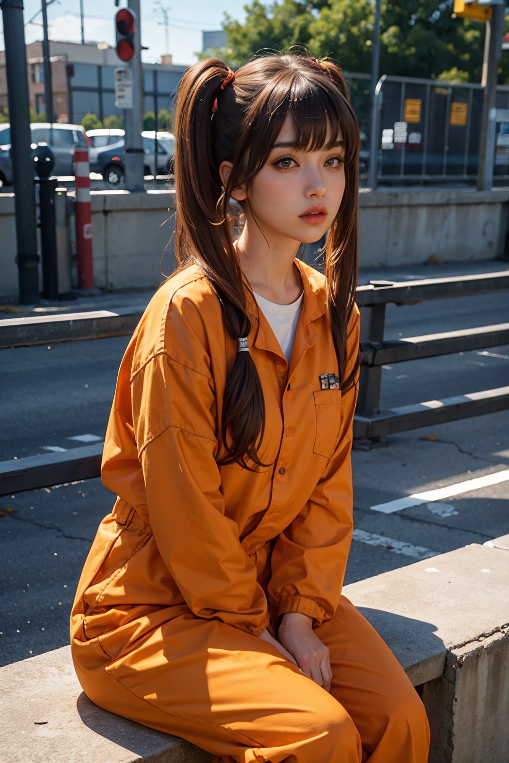 BREAK 1girl, solo,  mrndnkk, pink eyes, brown hair, twintails, very long hair, bangs, orange jumpsuit, prison clothes, prisoner, shackles, standing, outdoors, looking at viewer, pout, sitting