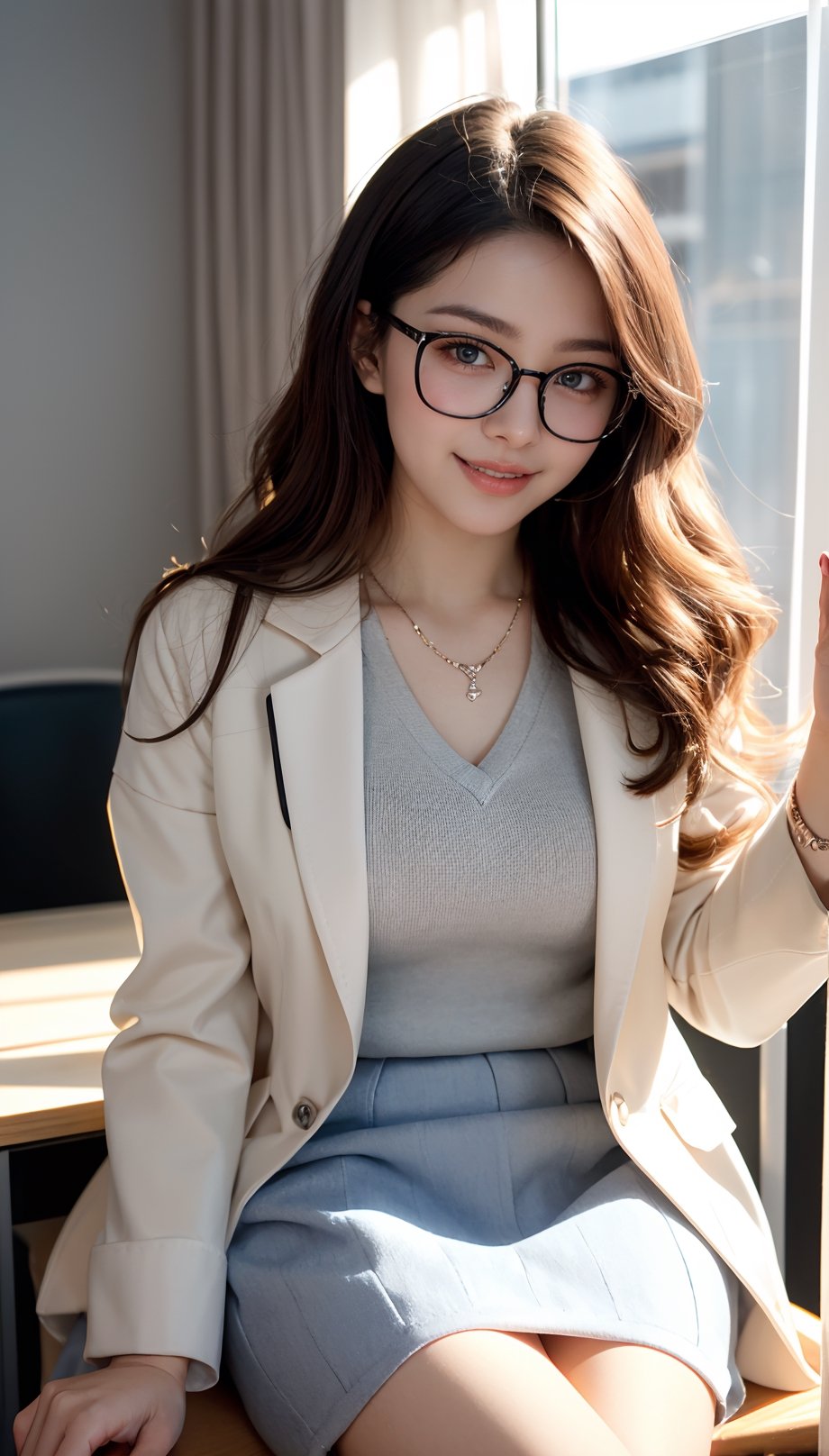 (female): solo, (perfect face), (detailed outfit), (20 years old), doctor, happy, smiling, (sitting), brown hair, medium hair, wavy hair, blue eyes, light skin, medium chest_circumference, (white coat), (black skirt), (glasses), (necklace), (friendship bracelet) (background): from front, indoor, clinic, (desk), (curtain), (medicine bottle), (patient's chair), afternoon, sunny (effects): (masterpiece), (best quality), (sharp focus), (depth of field), (high res)