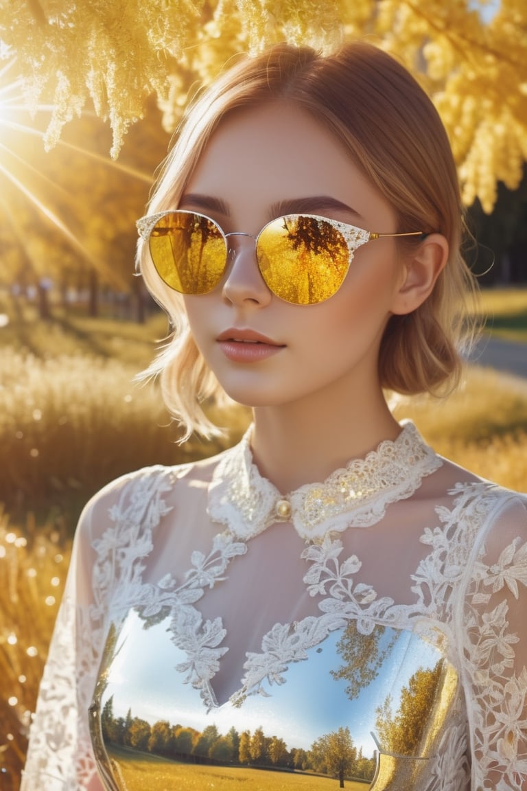 1girl,frameless sunglasses,iridescent light,sunny day,reflection on frameless glasses,(lens flare:1.3),yellow theme,looking at viewer,,white lace silver summer dress,glitters on dress,from above side,street with flower grass trees,(detailed:1.3) image,(intricate:1.2)(autumn :1.3),(masterpiece:1.2),(best quality:1.2),newest,intricate details,ai-generated,
