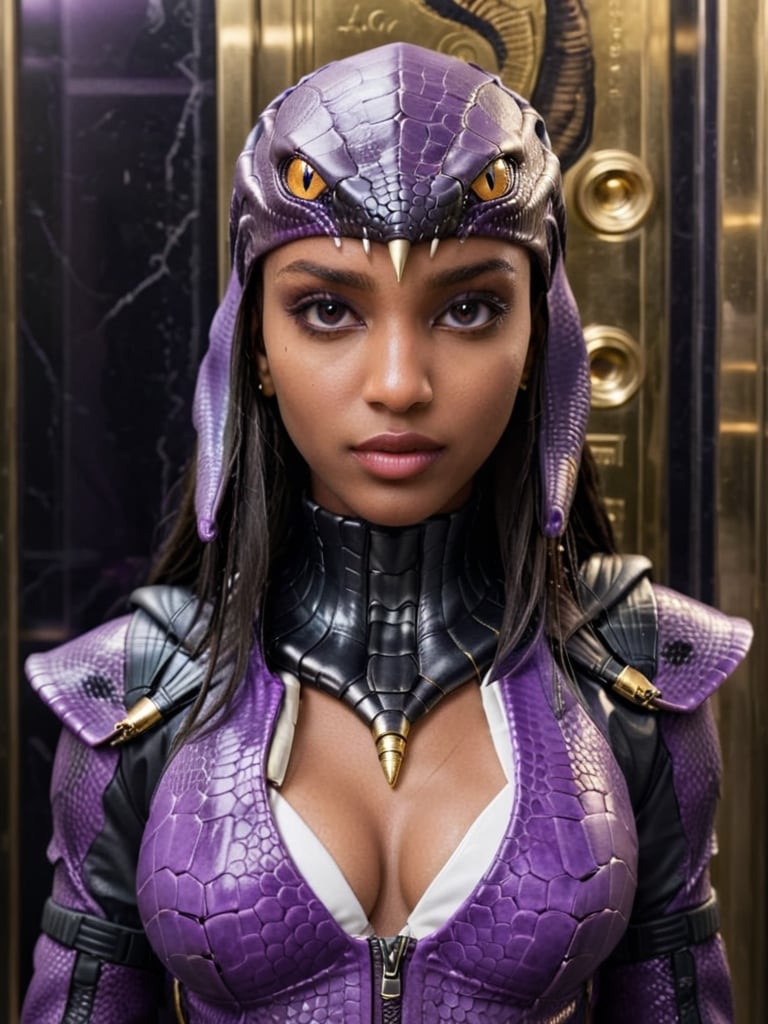 《masterpiece》, 《best quality》, 《ultra-detailed》, 1girl, cool, Glowing purple eyes, '((dark skin))', egyptian, egyptian style, exotic, black hair, '((Augmented cyborg))', fused with King Cobra, king cobra motif, poisonous, '((dripping black venom))', '((purple and gold metal exoskeleton))', '((snakeskin jacket with hood))', '((black snake scales))', '((Talking on a smartphone))', '(((Smartphone, selfie)))', '((upper body angle))', '(((elevator)))',