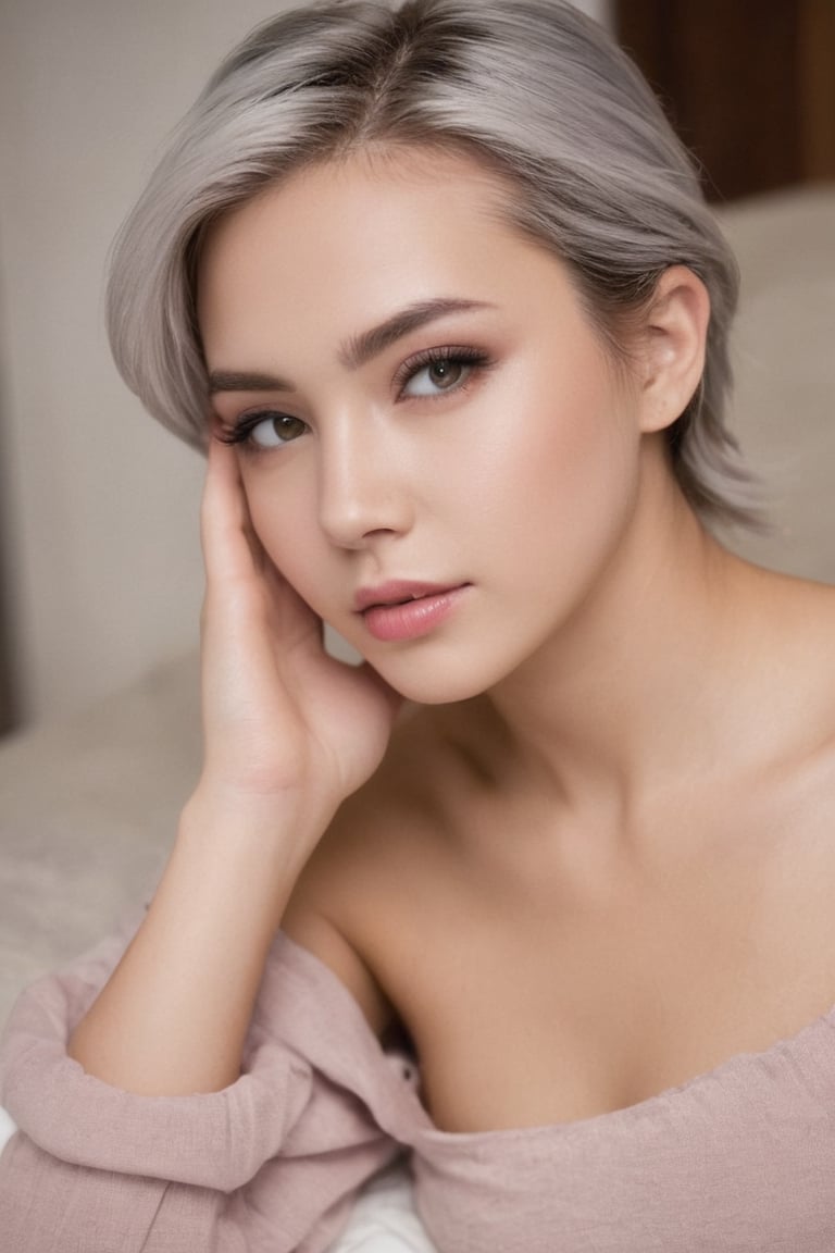 {{A tranquil}} depiction of {a beautiful girl} with {beautiful silver short hair} and {beautiful yellow eyes}, lying gracefully on a {futon} with {a serene smile} and {gentle blush}. She wears {a one-shoulder top, skinny jeans, and brown boots} in {a tatami room}. This is a {masterpiece}-inspired image that showcases {the serene beauty} of the girl. The environment/background should be {a tatami room} to create {a peaceful atmosphere}. The image should be in the style of {a hand-drawn illustration}, incorporating elements of {anime}. The close-up shot, captured with {a macro} lens, will provide {perfect anatomy} and {intricate details} of the girl's face and attire. The lighting should be {soft and natural}, emphasizing {the girl's tranquil expression}. The desired level of detail is {perfect}, highlighting {the flawless hands and proportions} of the girl. The goal is to create {a tranquil and captivating} image that captivates viewers with its {serene beauty}.