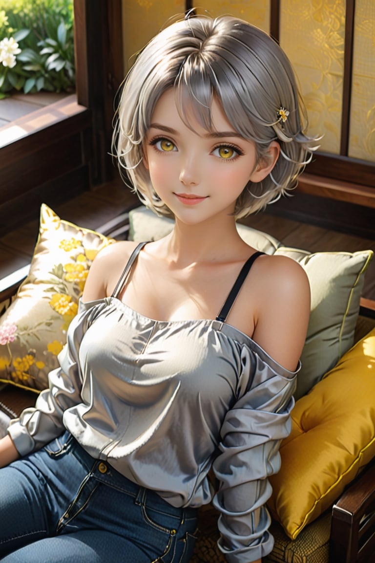 {{A tranquil}} depiction of {a beautiful girl} with {beautiful silver short hair} and {beautiful yellow eyes}, lying gracefully on a {futon} with {a serene smile} and {gentle blush}. She wears {a one-shoulder top, skinny jeans, and brown boots} in {a tatami room}. This is a {masterpiece}-inspired image that showcases {the serene beauty} of the girl. The environment/background should be {a tatami room} to create {a peaceful atmosphere}. The image should be in the style of {a hand-drawn illustration}, incorporating elements of {anime}. The close-up shot, captured with {a macro} lens, will provide {perfect anatomy} and {intricate details} of the girl's face and attire. The lighting should be {soft and natural}, emphasizing {the girl's tranquil expression}. The desired level of detail is {perfect}, highlighting {the flawless hands and proportions} of the girl. The goal is to create {a tranquil and captivating} image that captivates viewers with its {serene beauty}.