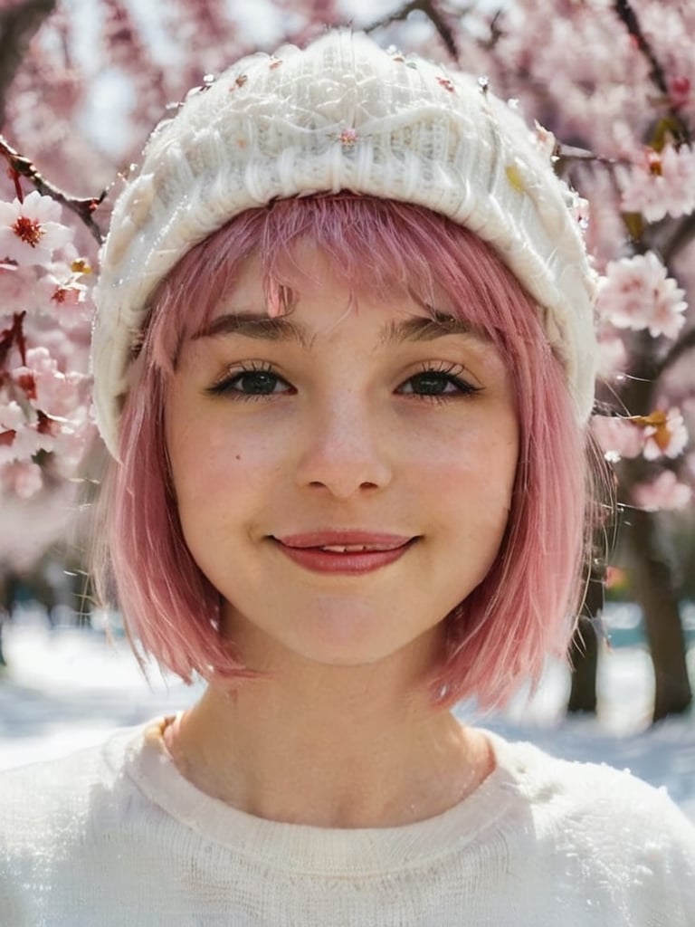 22 year old Girl, cute, solo, knit cap, profile, pink hair, short hair, smooth bangs, smile, snow out of season, cherry blossoms, admiring flowers, white breath, upper body close-up, out of focus background, cherry blossom trees, dim light, cloudy, sun Angle from inside and side,snow full,

