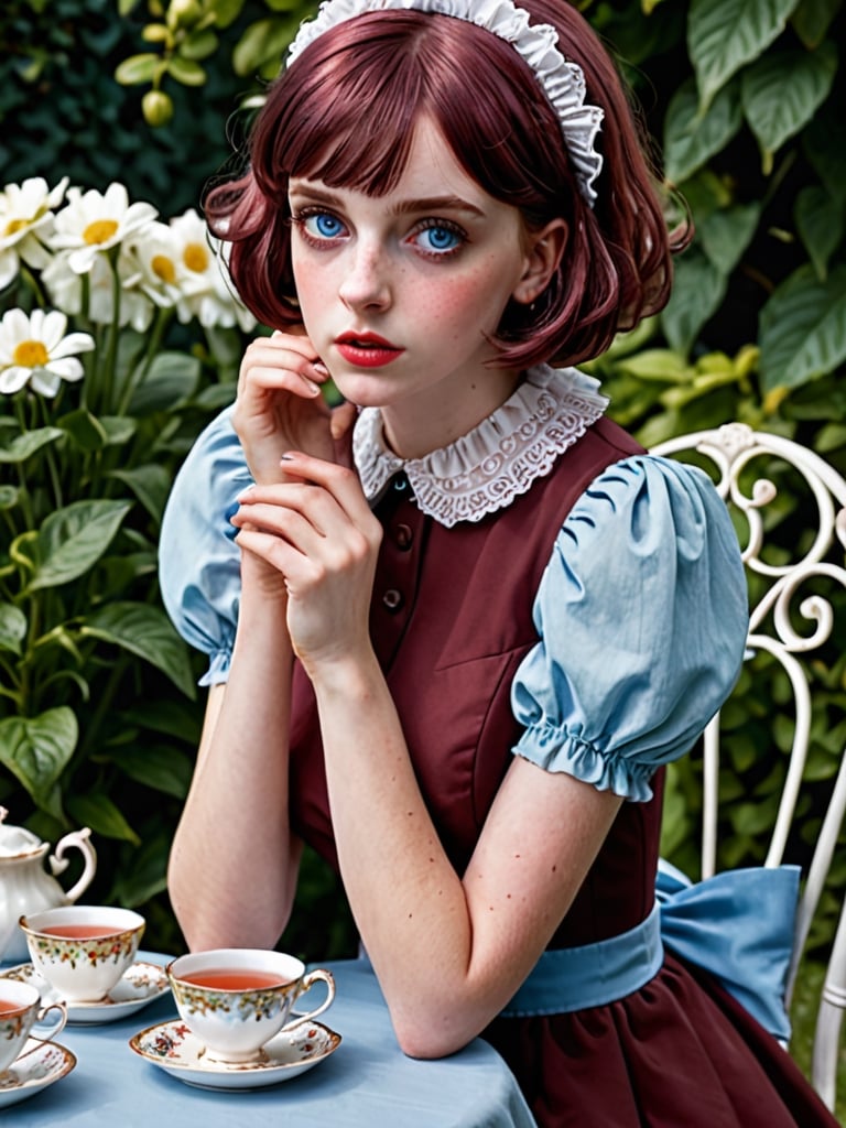 《Masterpiece》, 《best quality》, 《expressive eyes》, 《perfect face》, 《8k》, 《extreme detail》, 《illustration》, 《absurdres》, 《highres》, 《ultra detailed》, 《perfect face》, short hair, maroon hair, blue eyes, lolita dress, red dress, hair over one eye, sitting on chair, behind table, teacup, tea set, outdoors, garden, (worried), upper body, parted lips
