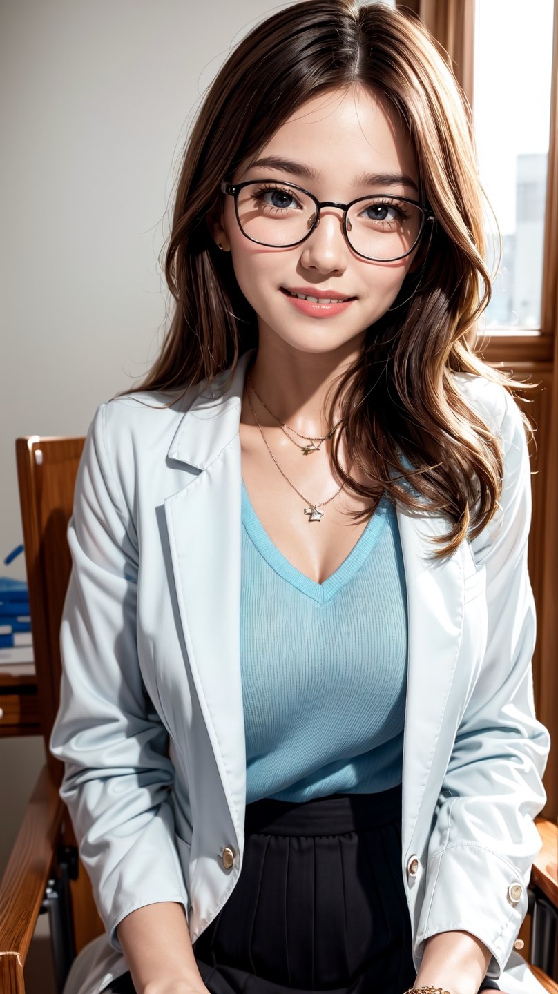 (female): solo, (perfect face), (detailed outfit), (20 years old), doctor, happy, smiling, (sitting), brown hair, medium hair, wavy hair, blue eyes, light skin, medium chest_circumference, (white coat), (black skirt), (glasses), (necklace), (friendship bracelet) (background): from front, indoor, clinic, (desk), (curtain), (medicine bottle), (patient's chair), afternoon, sunny (effects): (masterpiece), (best quality), (sharp focus), (depth of field), (high res)